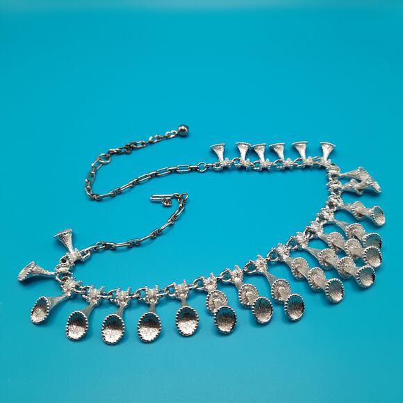 Vintage Japan Silver Tone Choker Necklace, Spiraling Dangles, 1950s Jewelry - Picture 7 of 11